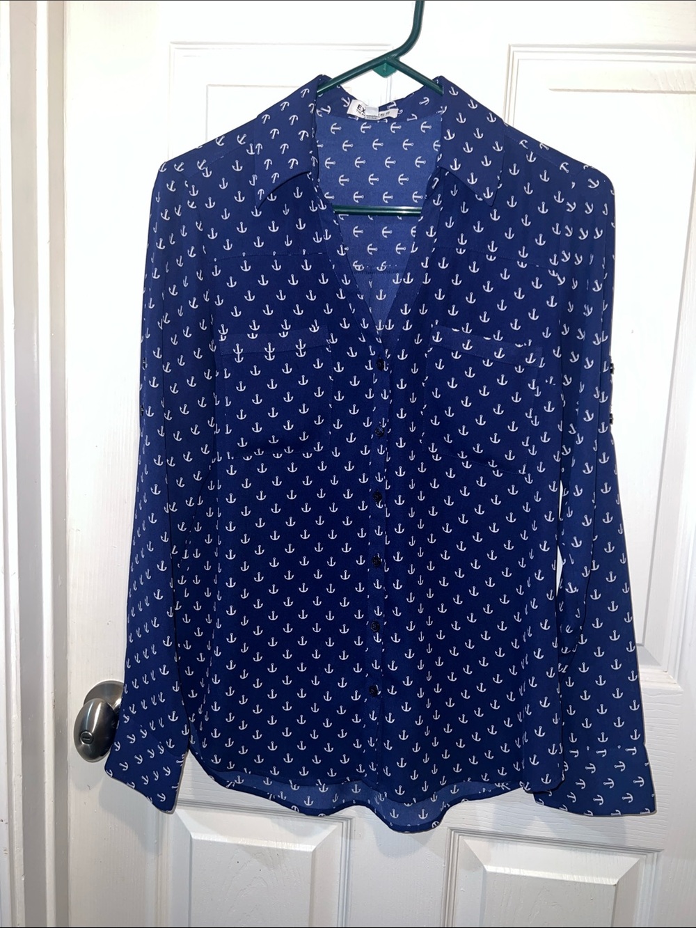Express Navy Button-Down Top with White Anchor Print
